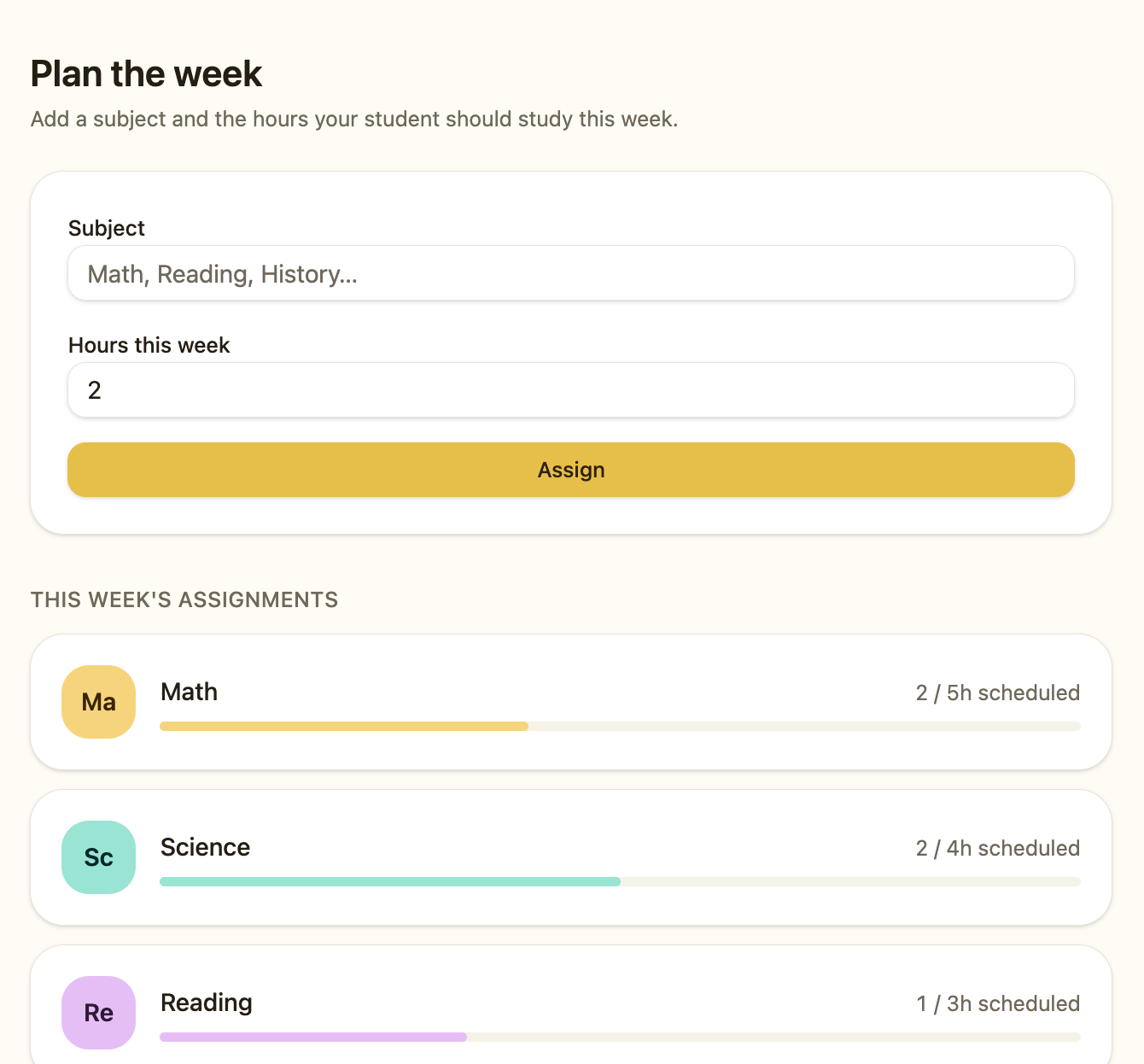 Parent dashboard showing weekly subject planning with hours assigned to Math, Science, and Reading