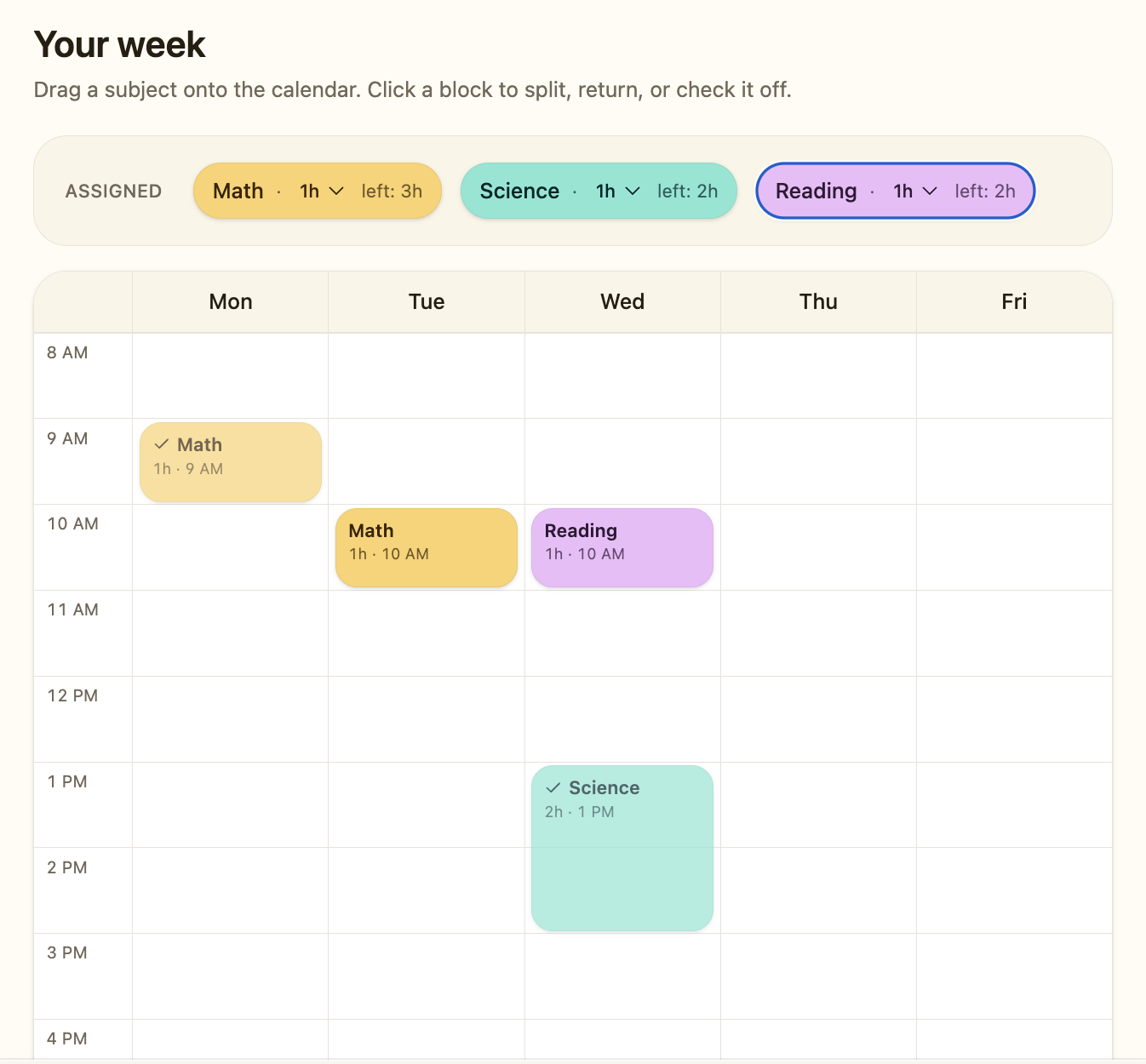 Student dashboard showing a weekly calendar with assigned Math, Science, and Reading blocks